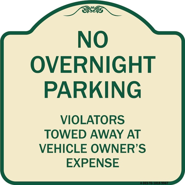 Signmission Designer Series-No Overnight Parking, Tan & Green Heavy-Gauge Aluminum, 18" x 18", TG-1818-9967 A-DES-TG-1818-9967 - main